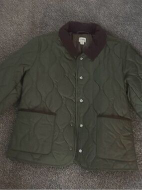 J. Crew Quilted Olive Green Jacket with Dark Brown Collar